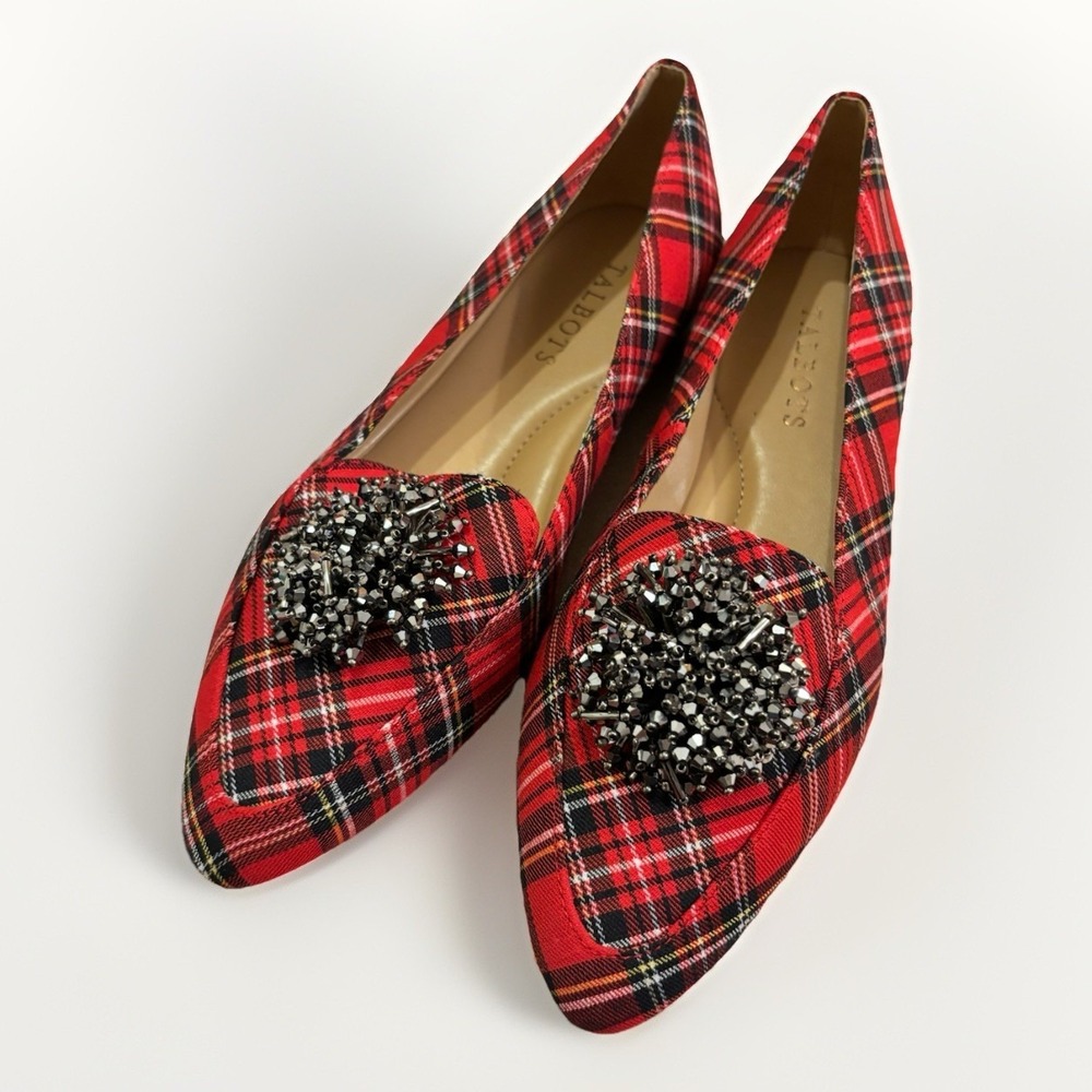Talbots Francesca Pom Pom Driving Flats Tartan Plaid Size 7M Pointed Tie Red